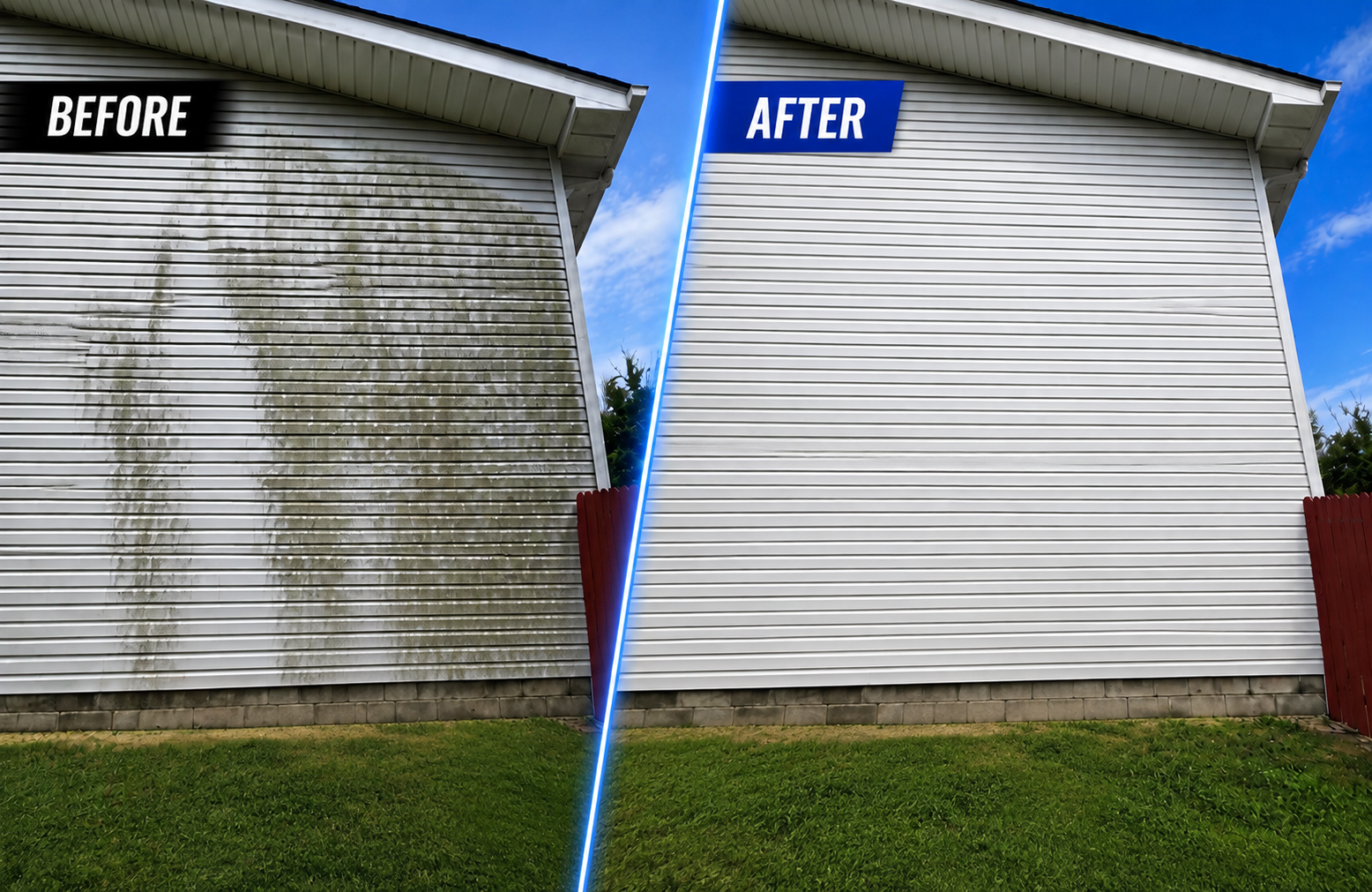 Before and after photos of a house soft wash showing organic buildup removed from white siding