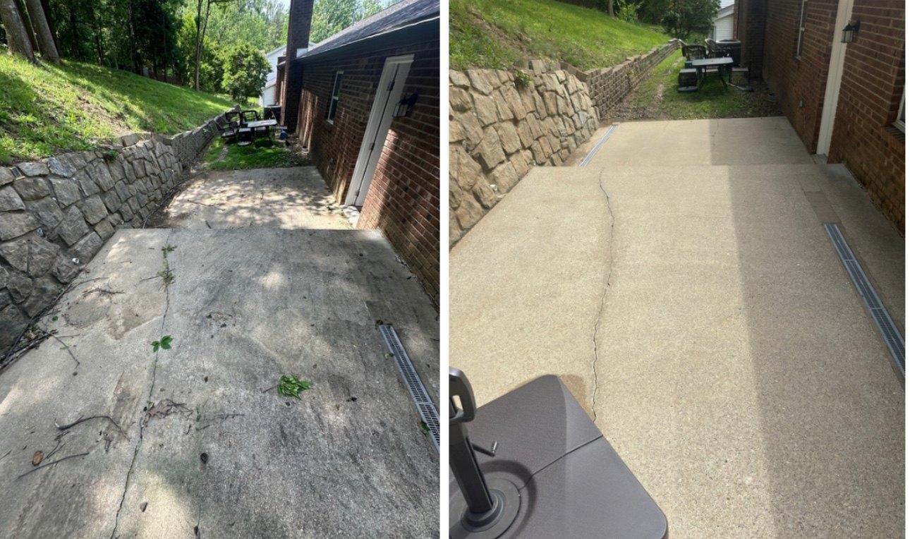 Before and after photos of a concrete patio cleaning