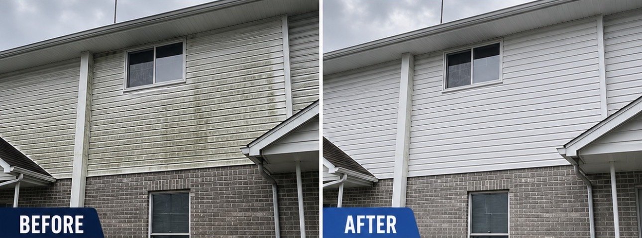 Before and after photos showing algae removed from white home siding