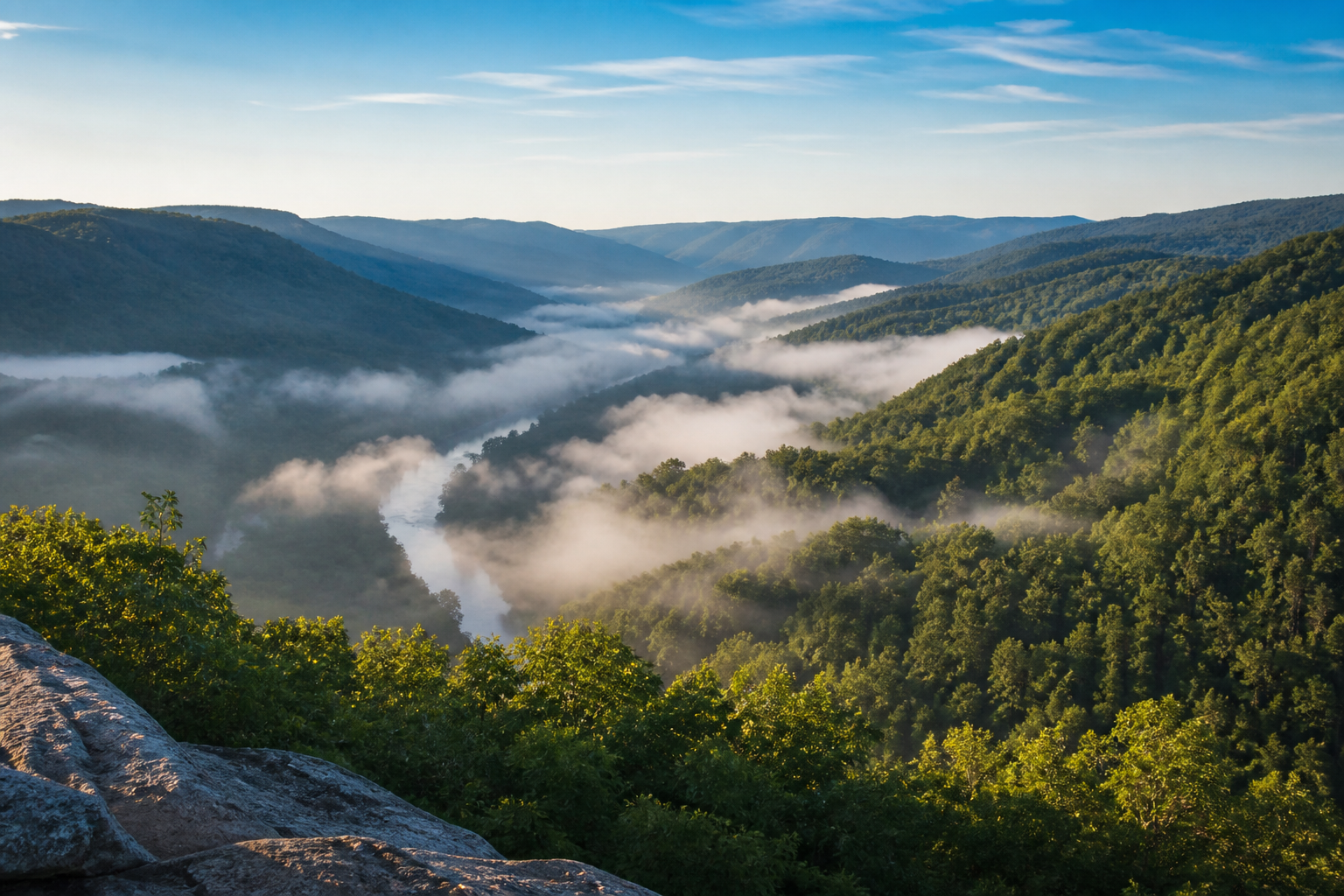 Forested West Virginia mountain ridges and river valley in the morning